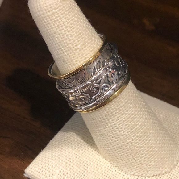 Bicolor Two Tone Engraved Sterling Silver Spinner Ring 7-1/4 - Picture 5 of 6